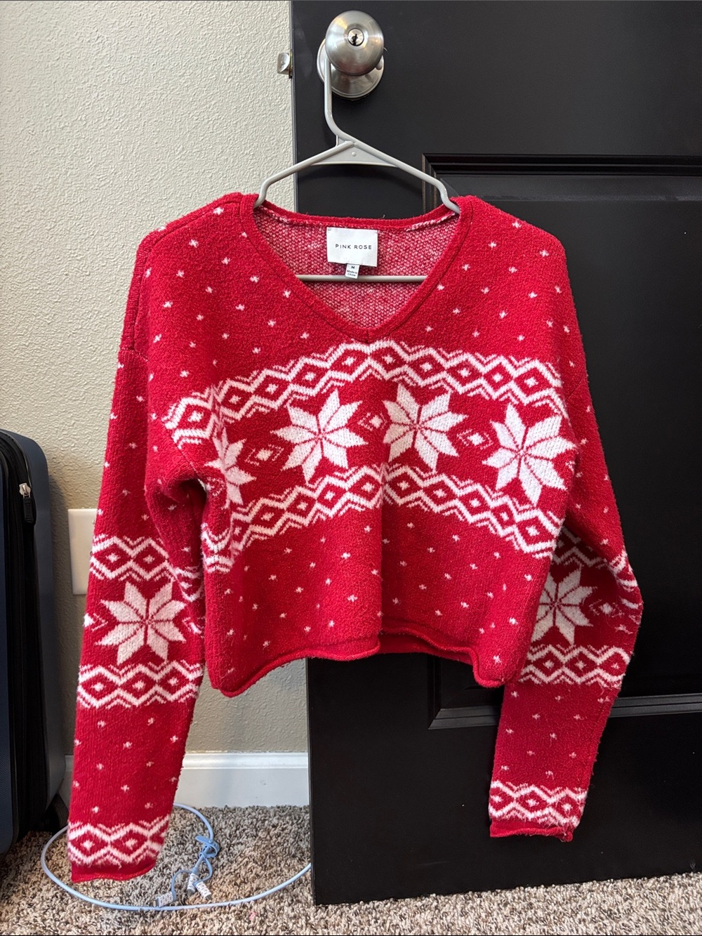 Pink Rose Red and White V-Neck Snowflake Knit Cropped Sweater